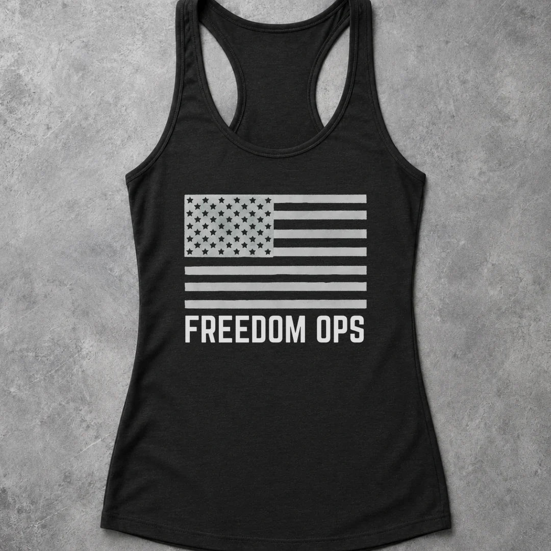 Freedom Ops women’s racerback tank collection featuring an American flag design in vintage black
