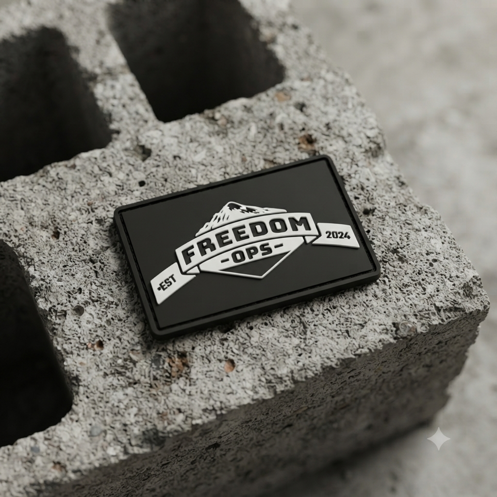 Freedom Ops logo PVC patch displayed on a cinder block