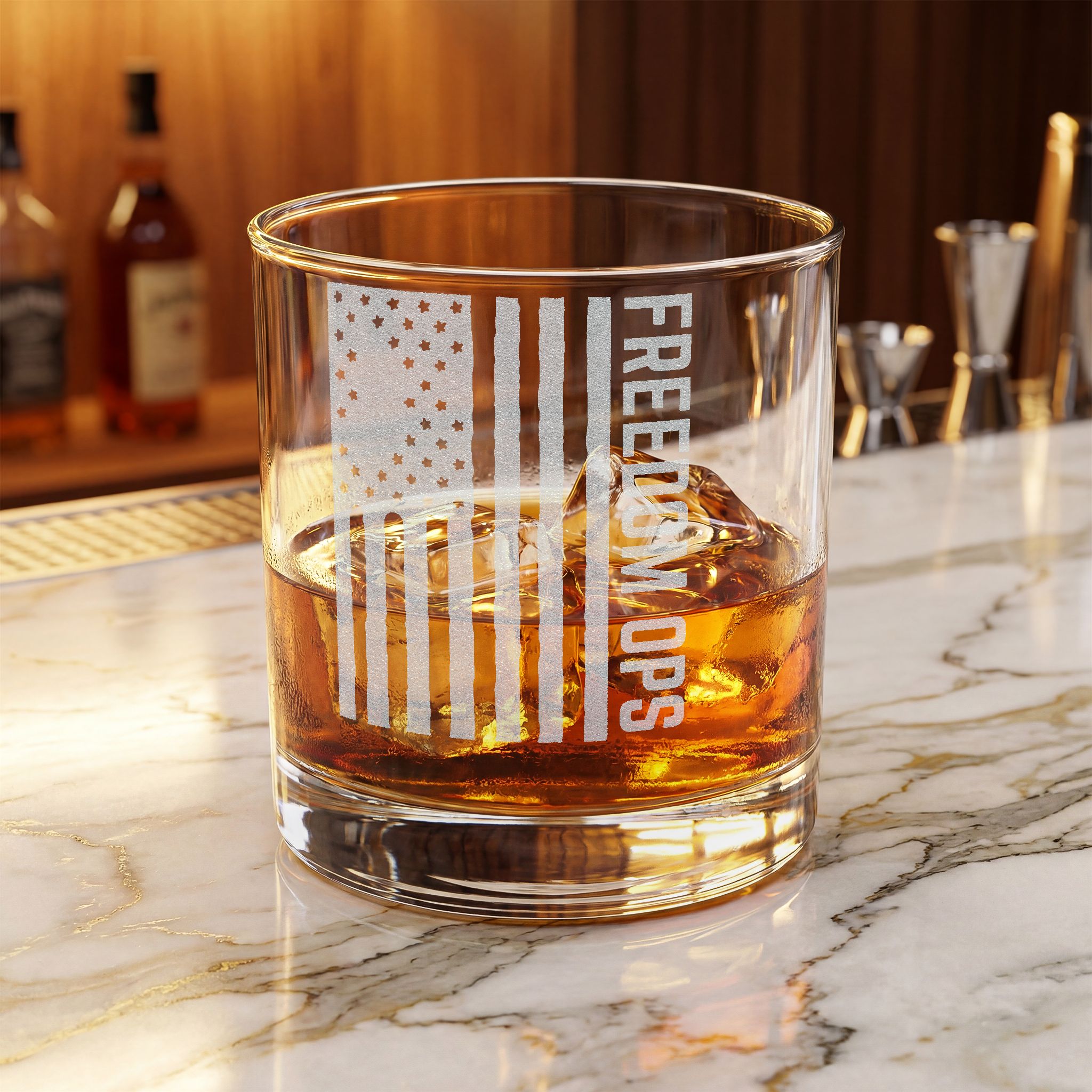 Engraved Whiskey Glass 10.5oz — American Flag “Freedom” Design