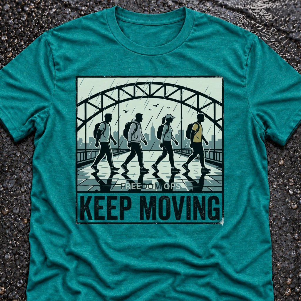Freedom Ops KEEP MOVING BRIDGE T-shirt in vintage turquoise