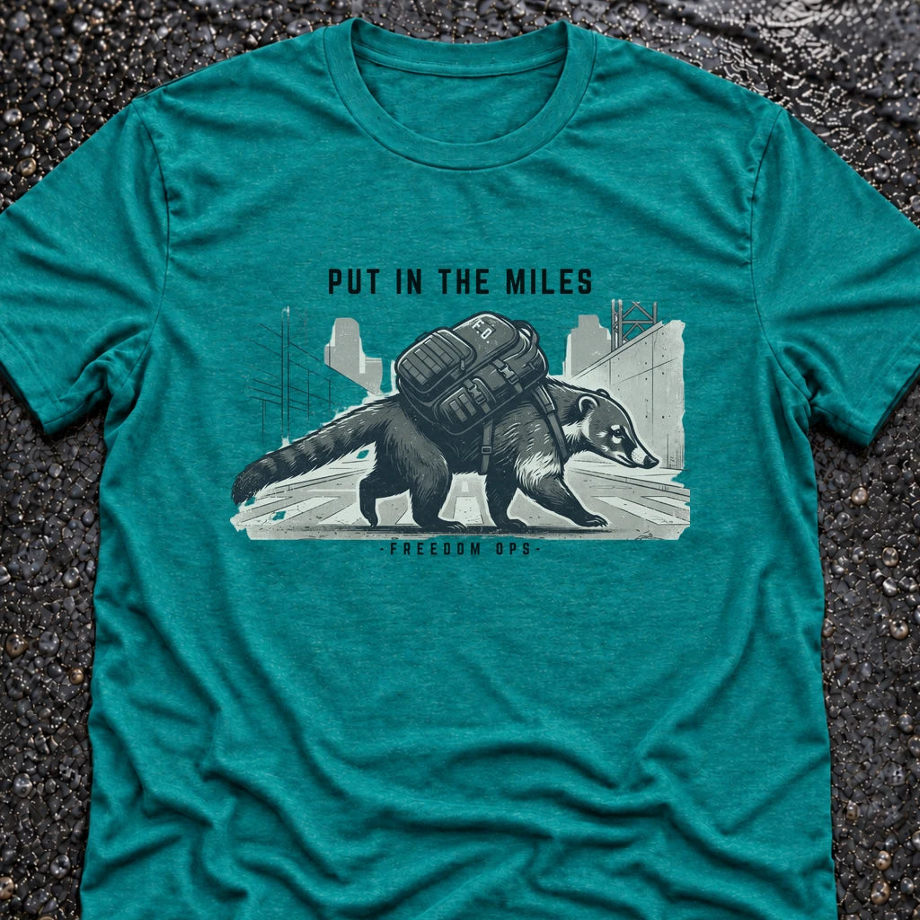 Freedom Ops COATI PUT IN THE MILES T-shirt in vintage turquoise